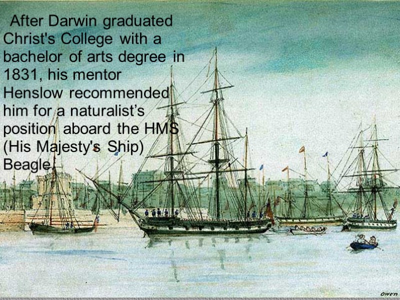 After Darwin graduated Christ's College with a bachelor of arts degree in 1831, his